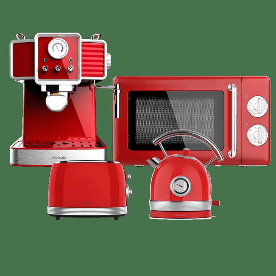 Packs | Cecotec Proclean 3110 Retro Red + Toast&Taste 800 Vintage Light Red + Thermosense 420 Vintage Light Red + Power Espresso 20 Tradizionale Light Red Microondas Con Grill + Tostador Vertical + Hervidor De Agua + Cafetera Espresso Cecotec